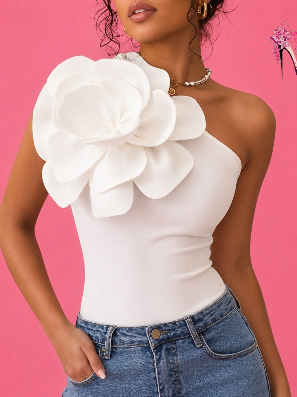 Elegant One-Shoulder White Floral Applique Top